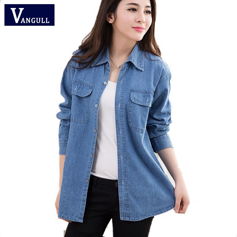 Vangull naisten farkkutakit kevät kesä yksivärinen bf-tyylinen paita taskuilla syksy naisten plus-koon väljät ohuet takit