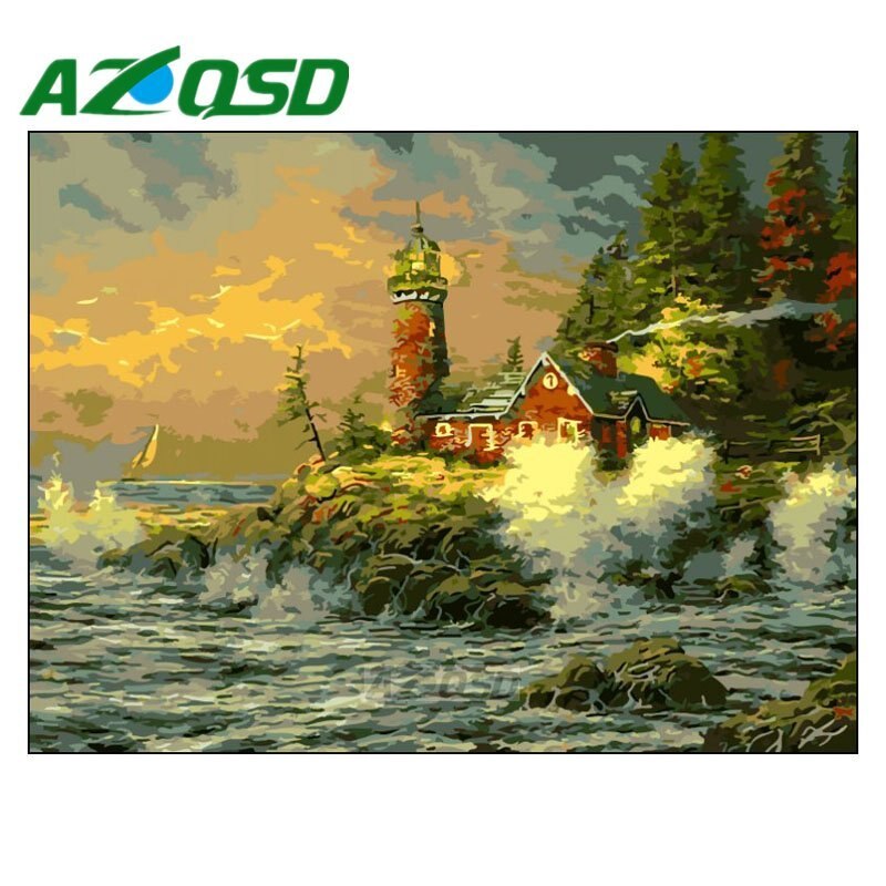 AZQSD Paint By Numbers Landscape Home Decor Acrylic Modular Digital Oil Painting Seaside Lighthouse Wall Art Frameless szyh160: 192
