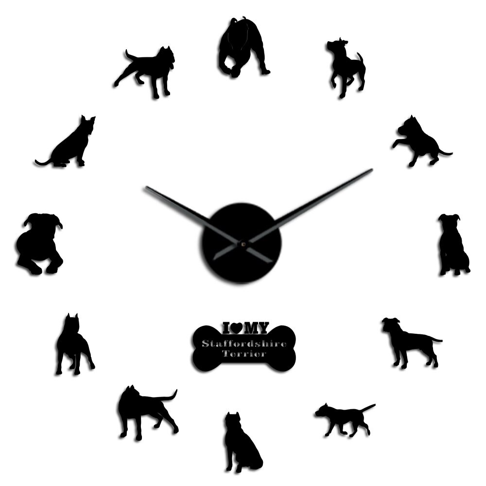 American Dog Breed Decorative 3D DIY Wall Clock American Staffordshire Terrier Home Clock With Mirror Numbers Stickers: Black / 47inch