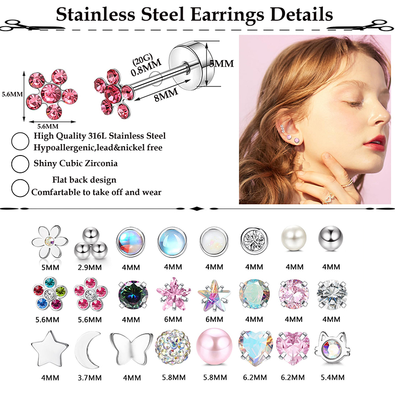 2PCS/Set Stainless Steel Heart Moon Earbone Stud Screw Ball Stud Earrings for Women Ear Tragus Cartilage Body Piercing