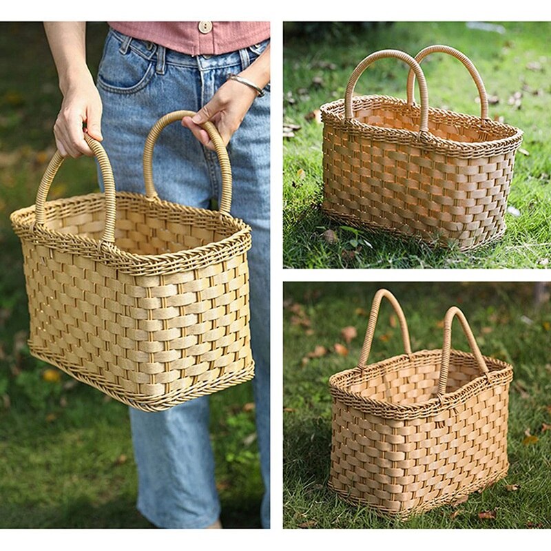 Imitated Rattan Wicker Handmade Shopping Basket, Large-Capacity Portable Flower Fruit Basket Picnic Bread Basket