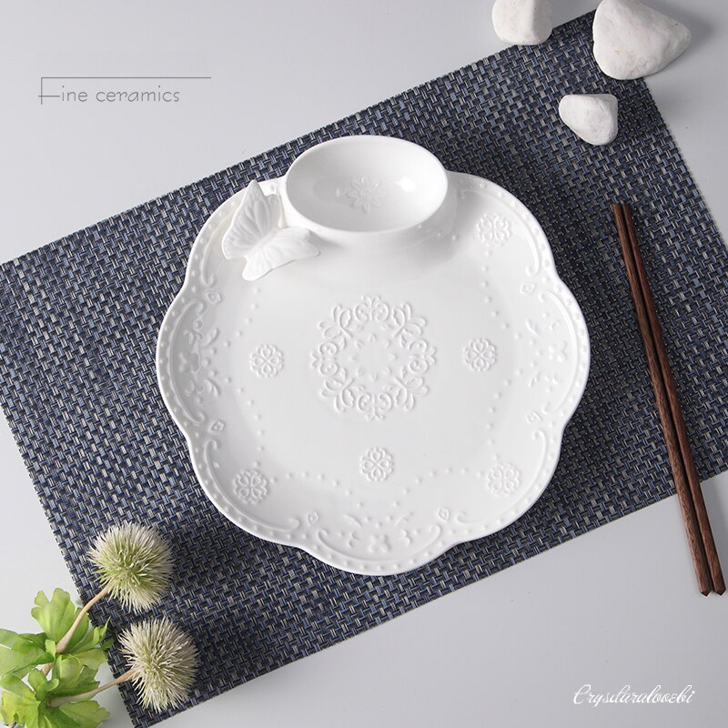 10inch, White Embossed Porcelain Party Plates for Snack, Ceramic Plate Cake with Sauce, Serving Plates Party, Potato Chip Tray