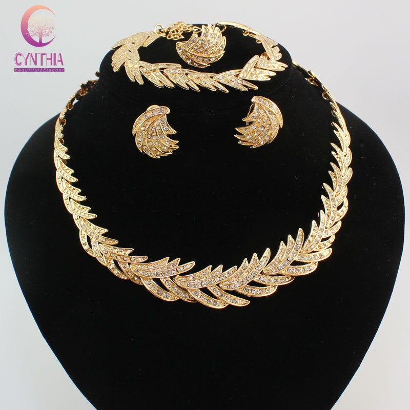 Bonne luxe feuille or cristal collier boucle d'oreille anneau Bracelet bijoux ensembles africaine femmes ensemble de fête doré: Gold