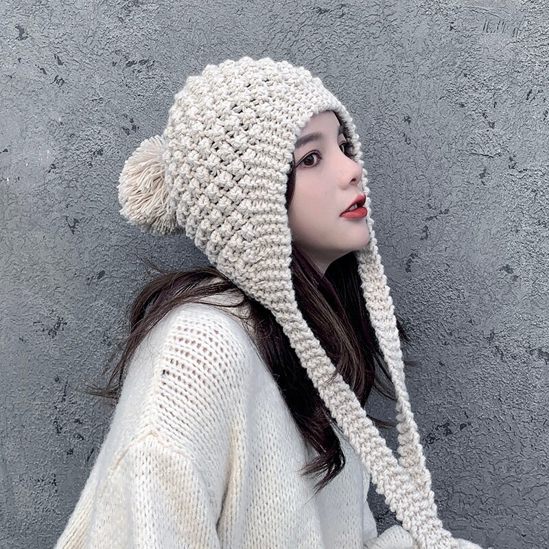 Ushanka-gorro de algodón tejido a mano para mujer, gorros gruesos y cálidos con Protector de orejas, para otoño e invierno,