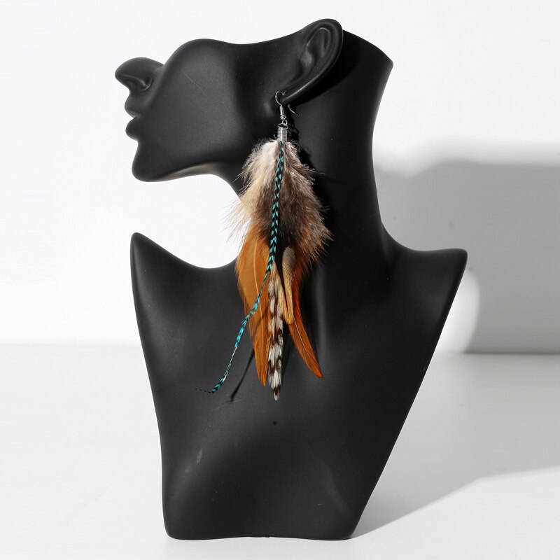 1PCBoho długi Retro pióro przesadzone kolczyki kobiety tajlandia Indian w kształcie kropli RhinestoneChainTassel kolczyki biżuteria ślubna: Tłoczona na gorąco