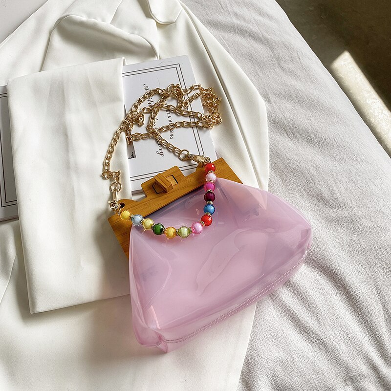 Transparent Jelly Tote bag Summer High PVC Women's Handbag Chain Shoulder Messenger Bag Travel Bag: 22 CM Pink