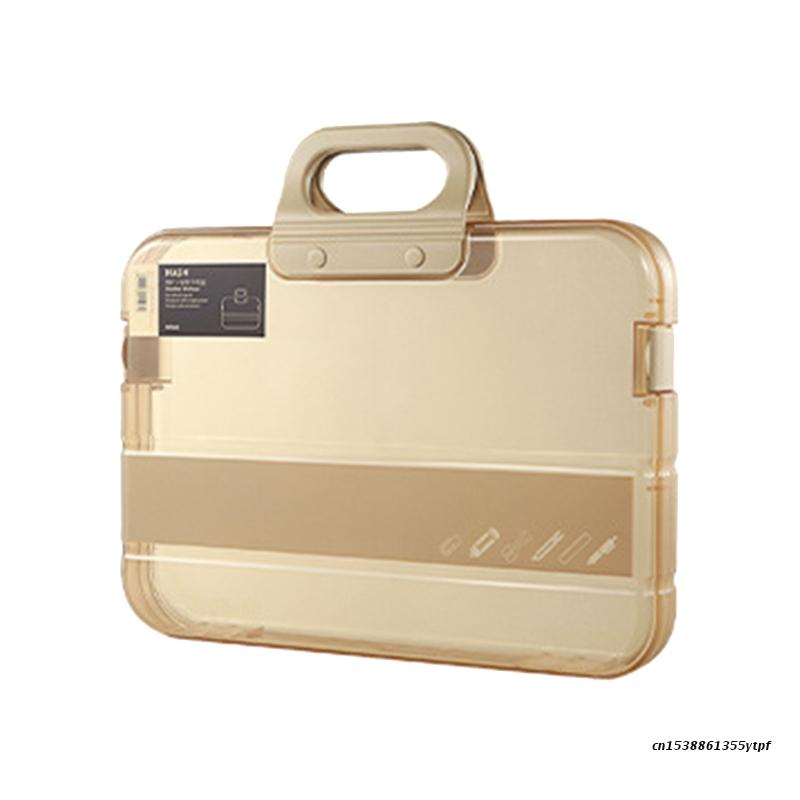 Portable File Box Plastic Transparent Pencil Case A4 Folder with Lock Handle Documents Bag Stationery Storage Case: khaki