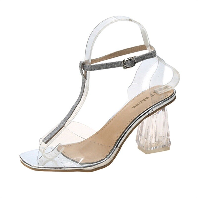 silver glitter T-strap gladiator sandals women peep toe crystal high heels transparent sandalias mujer clear sandali donna