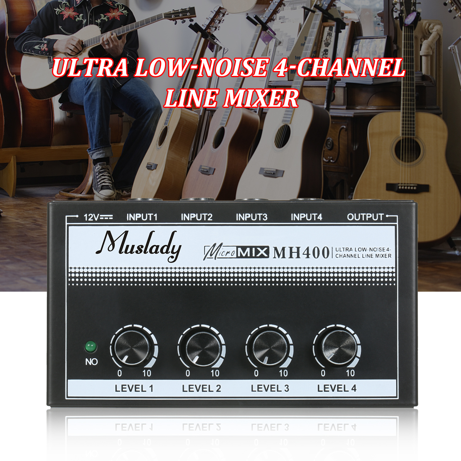 Muslady MH400 Ultra Low-Noise 4-Channel Line Mini Audio Mixer Met 1/4-Inch Ts Volumeregeling voor Gitaren Bass Toetsenborden