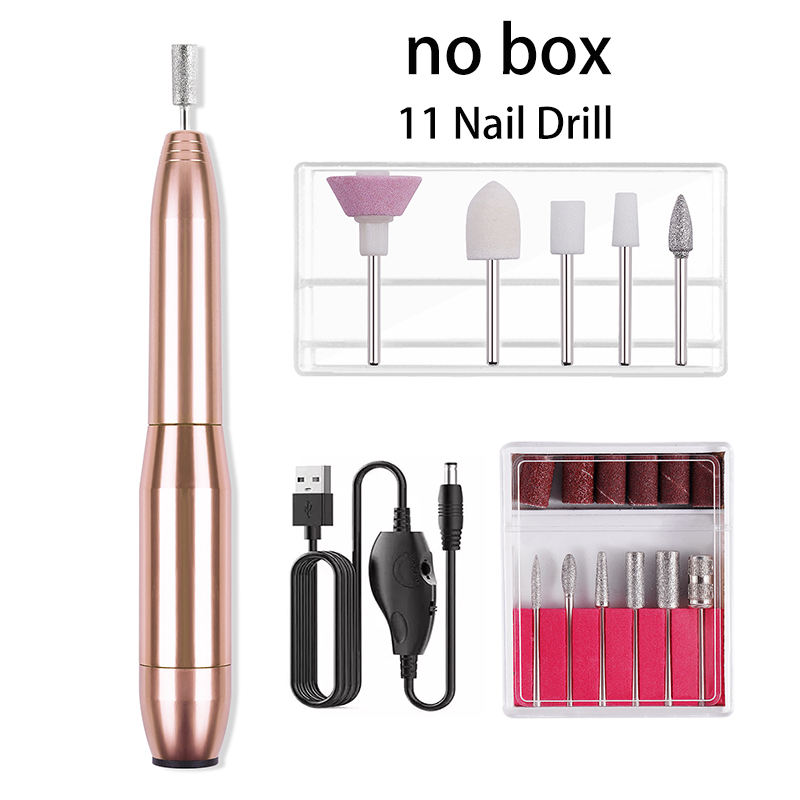 Elektrische Manicure Boor Usb Boormachine Voor Nagels Accessoires Nail Apparatuur Professionele Nagelvijl Set Molen Alle Cutter Art: Gold-no-box-11drill