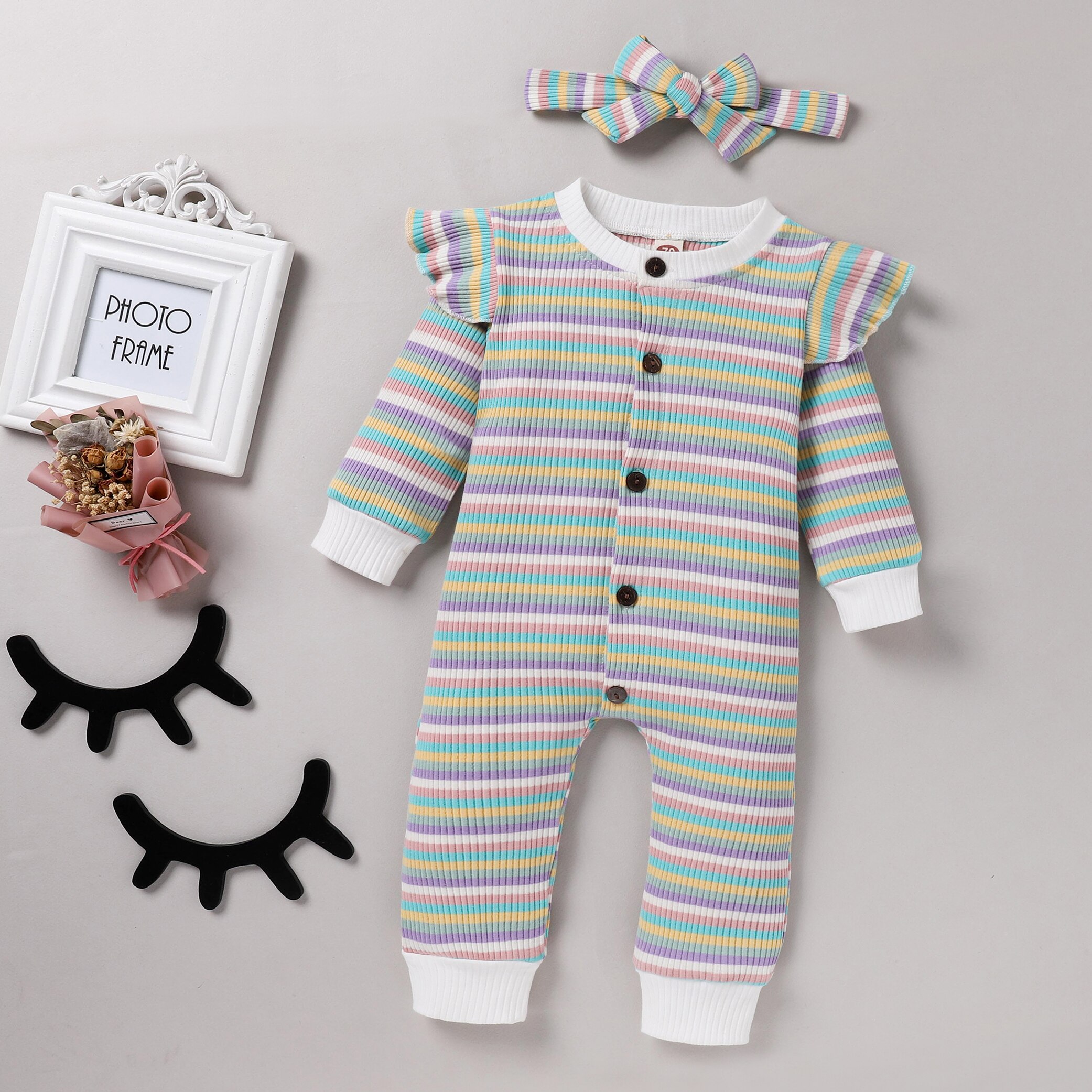 Newborn Baby Girl Boys Clothes Sets Autumn Colorful Striped Long Sleeve Ruffle Romper + Headband 2Pcs Clothes Set 0-18M