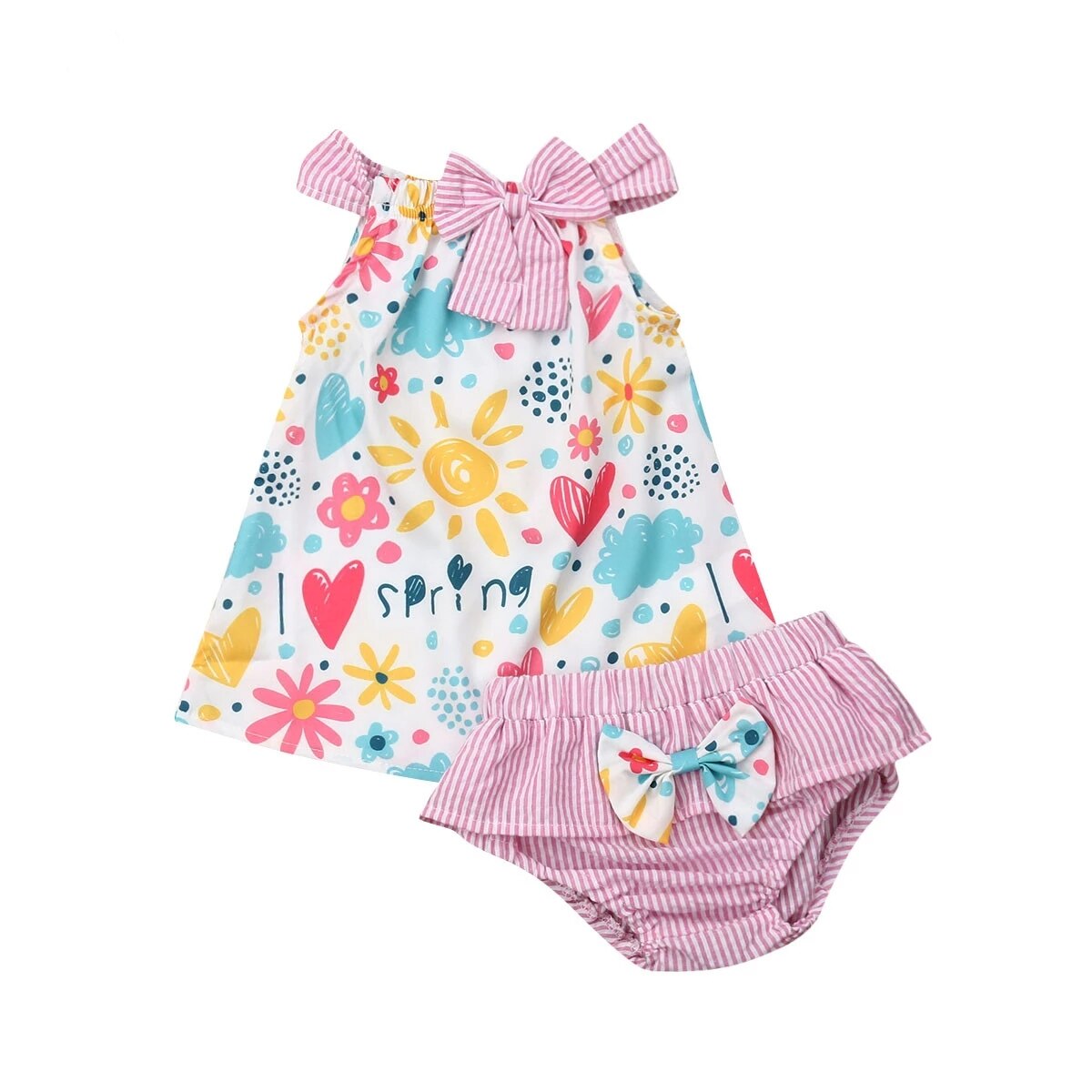 Bébé Été 2 Pièces Vêtements -Né Enfant En Bas Âge Bébé Filles Tenues Florales Couverture En Coton Robe + PP RAYÉ Shorts Ensembles