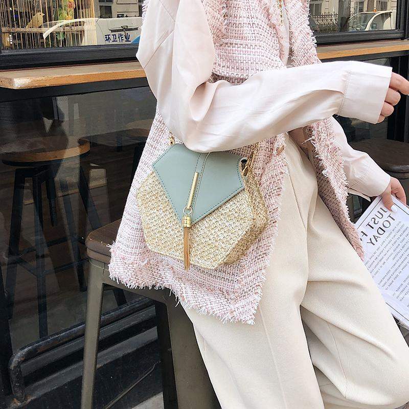 Bandoleras de mimbre estilo bohemio para mujer, bolso cruzado tejido de mimbre hexagonal , bolsos de paja de playa para verano para mujer, bolsos pequeños hechos a mano