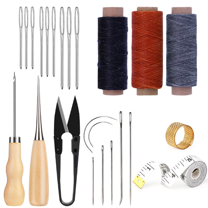 IMZAY-Kit de costura de cuero con hilo encerado, agujas de coser de cuero con ojo grande, cinta métrica, conjunto de herramientas de costura para artesanía de cuero: Gris claro