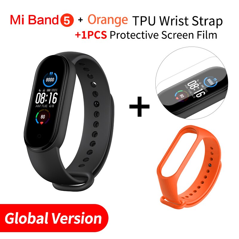 Global Version Xiaomi Mi Band 5 Smart Bracelet AMOLED Dynamic Color Display Bluetooth Sport Fitness Tracker Fitness Smartband: EN Add Orange Strap