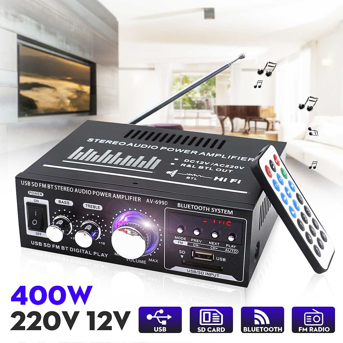 12V/220V 400W 2 CH bluetooth Car HiFi Stereo Amplifier USB SD FM Radio Power Stereo Car Amplifier Audio Home Amplifier