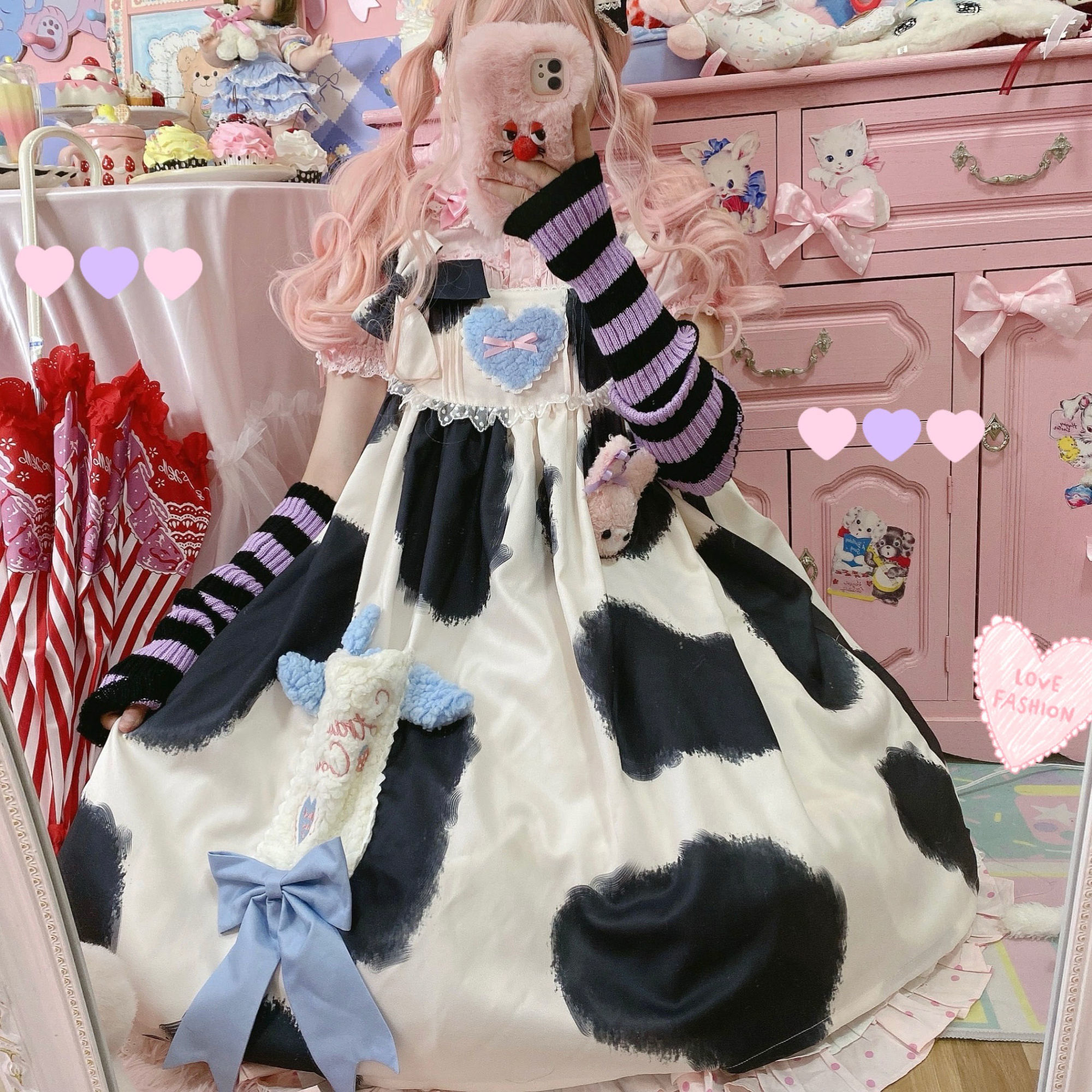 Hstar Pink Lolita Kawaii Milk Cake Cow Print Lolita Dress Jsk Japanese Tea Party Lolita Daily Princess Dress Multiple Colors: Black Sleeveless