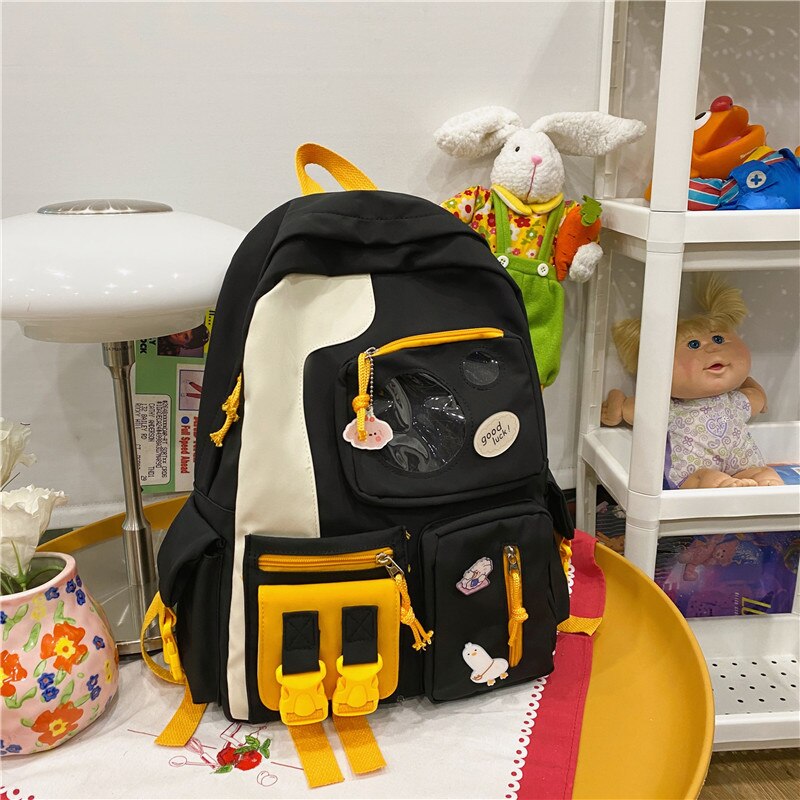 Dcimor Kawaii Waterdichte Nylon Vrouwen Rugzak Vrouwelijke Rugzak Voor Tienermeisjes Schooltas Transparant Pocket Student Boekentas: black / with bear