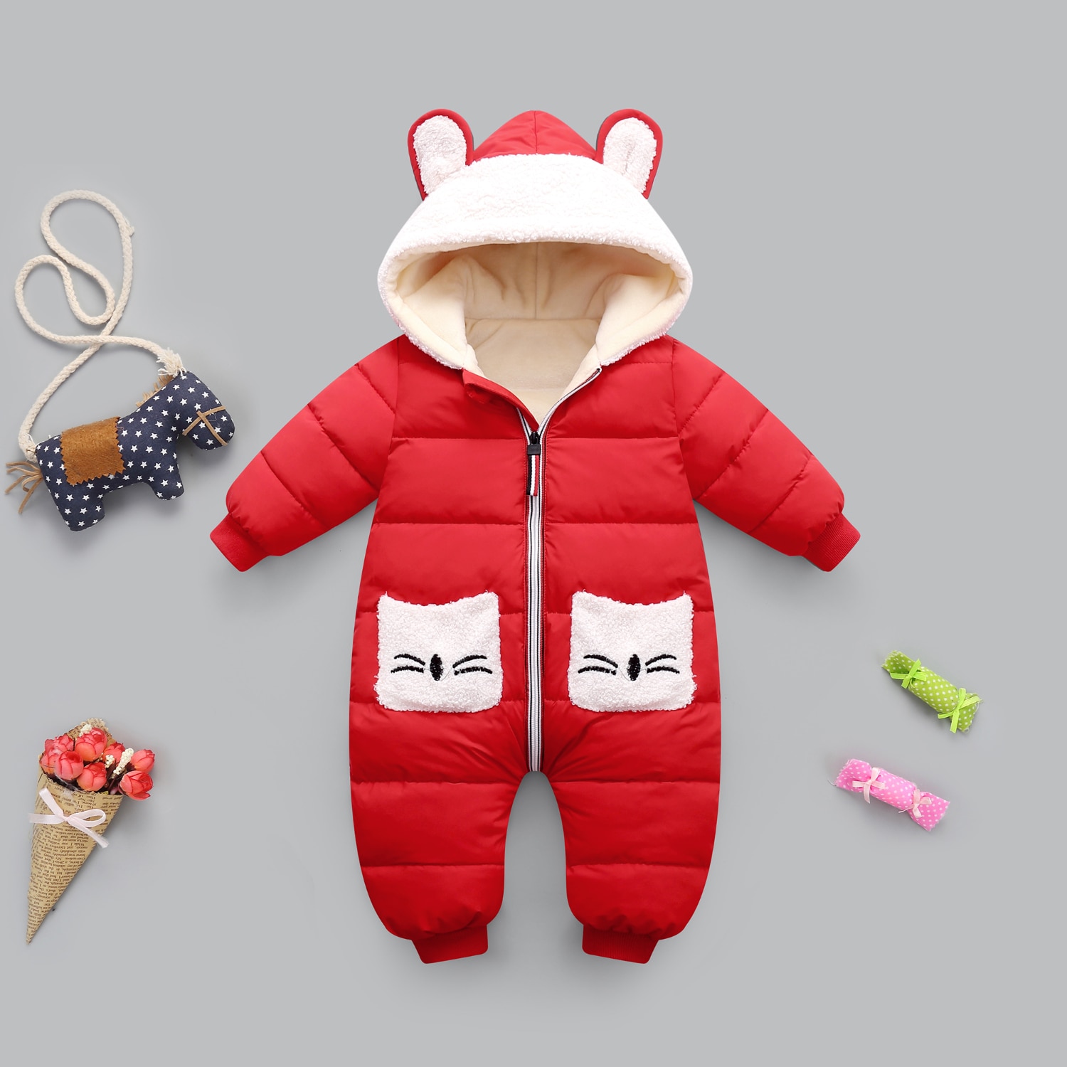 Born onesie vinter baby fløjl tøj romper til pige dreng jumpsuit børn frakke overalls børn kostume spædbørn tøj: Rød / 24m