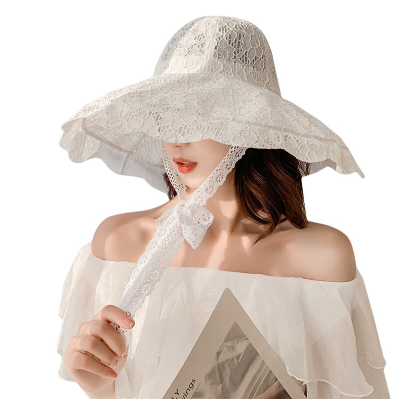 Grand chapeau de soleil à large bord chapeau de dentelle souple été blanc dentelle noire église fête chapeaux de mariage chapeau de plage emballable: white