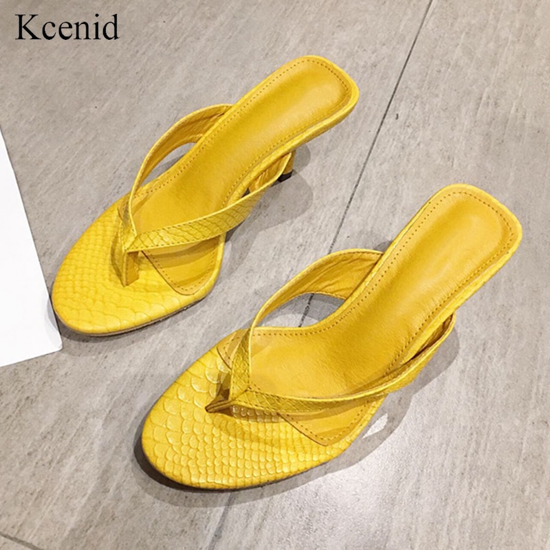 Kcenid sommar kvinnors tofflor utomhus slip on gul sandal flip flops tofflor dam tunna höga klackar slides dam skor