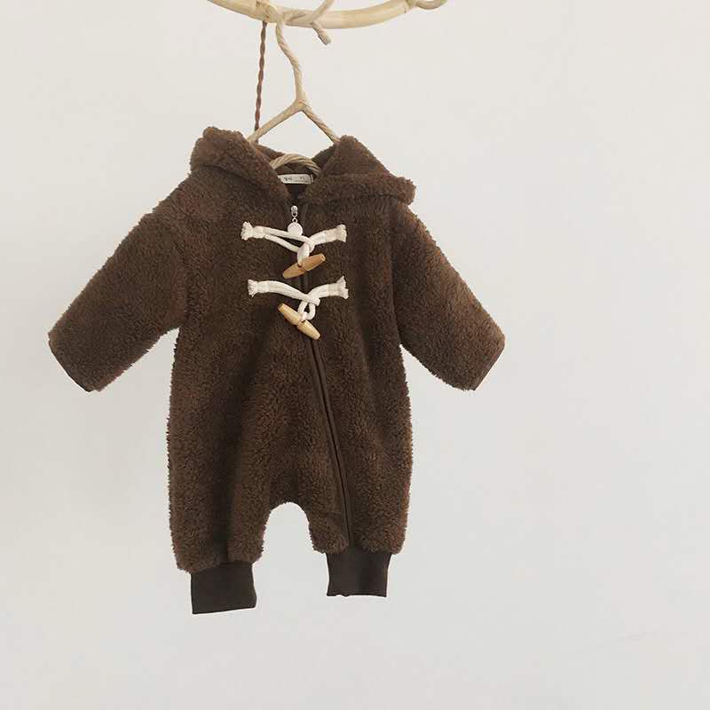 Autumn Winter Boys and Girls Regular Korean Style Cotton Kids Romper Warm, Hooded Collar, Long-Sleeved Zipper, Solid Color