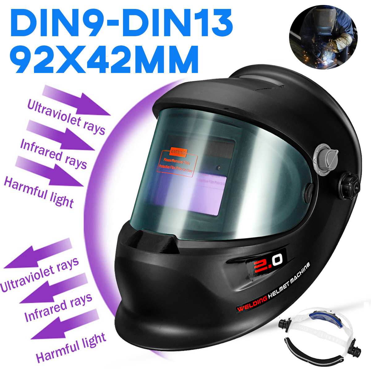 Solar Automatic Welding Helmet Autodarkening Welding Mask Lithium Battery DIN9-13 TIG MIG 4 Arc Sensor 92x42mm Big View