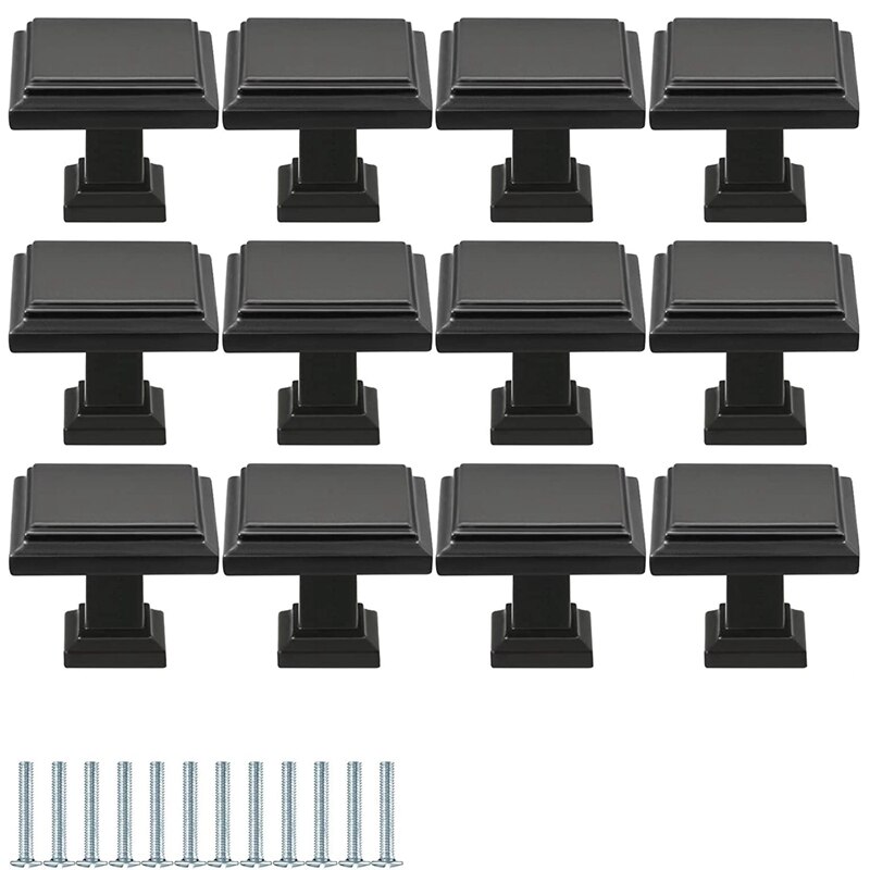 12 Pieces Cabinet Knob Square Cabinet Knobs Pull Kitchen Cabinet Hardware Knob with Mounting Screws for Dresser: black