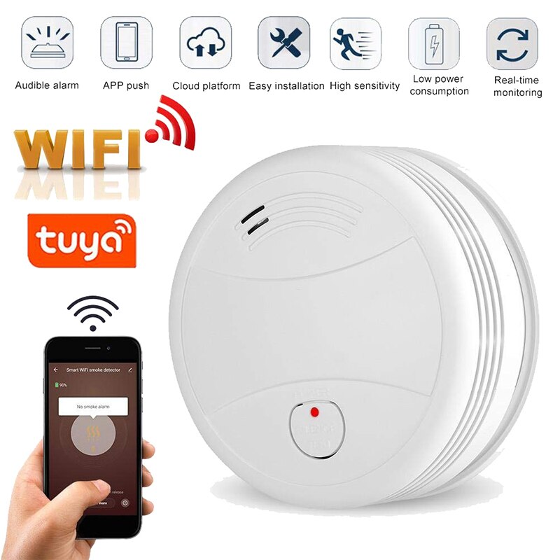 Independent Smoke Detector WiFi Fire Alarm Tuya/Smart Life APP Fire Detector Smoke Sensor 360° detection Low Battery Reminder