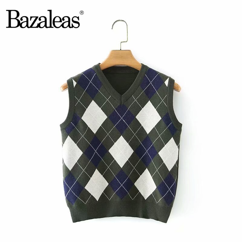 Kvinder strikket tartan tank sweater ærmeløs grøn hvid patchwork pull femme plaid v hals trøjer