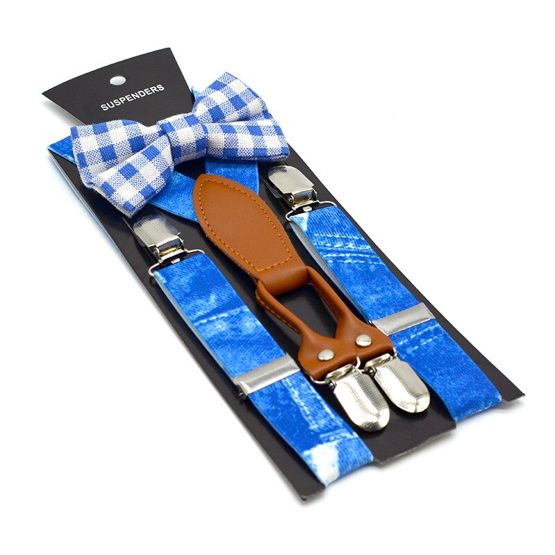 Showersmile drenge seler print denim blå seler og butterfly sæt børnelæder 4 klips elastisk justerbar børnebukserem: Default Title
