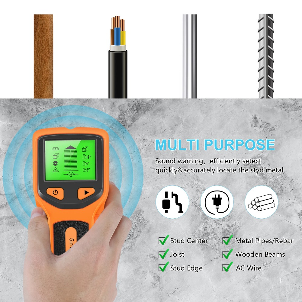 5-in-1 digitale wanddetector, handheld wandscanner voor metaal, hout, stroomdraden, kabels, PVC en waterleidingen.
