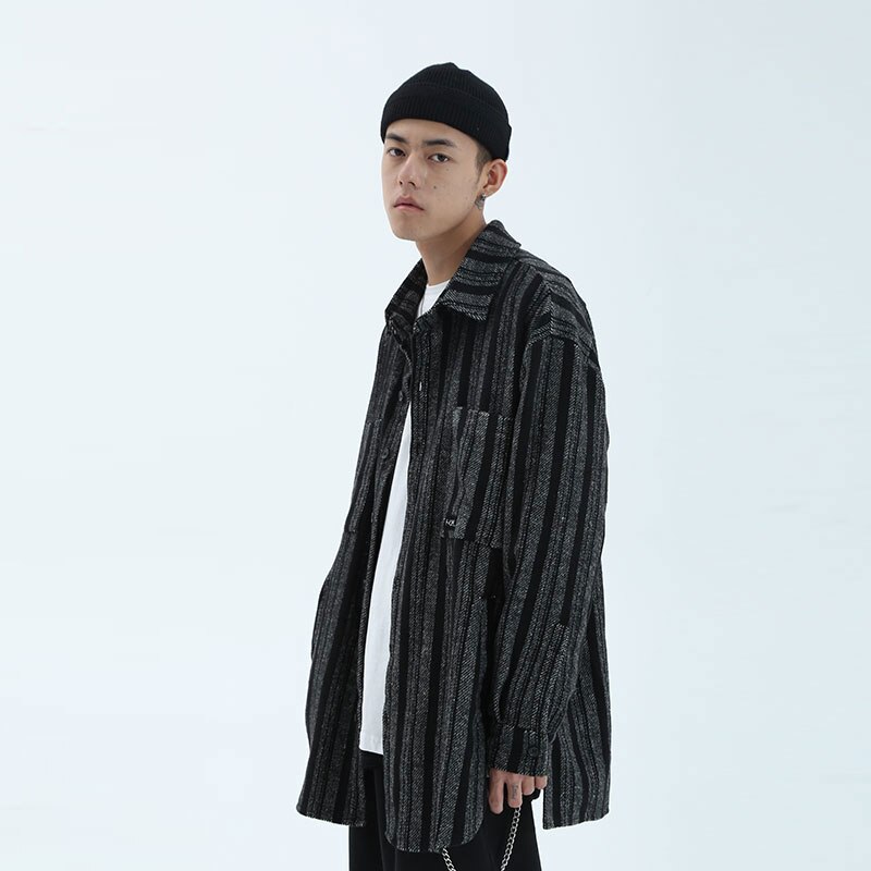 F426 Oversize Stripe thick Shirts Men Long Sleeve Streetwear camisa masculina Men's Shirt Hip Hop Cotton Men Fashions