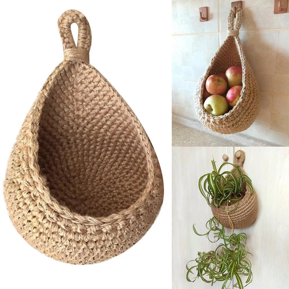 Cesta de mimbre para colgar en la pared, bolsa tejida para vegetales, frutas, mesa de cocina, cesta de almacenamiento, maceta de flores, estante seco