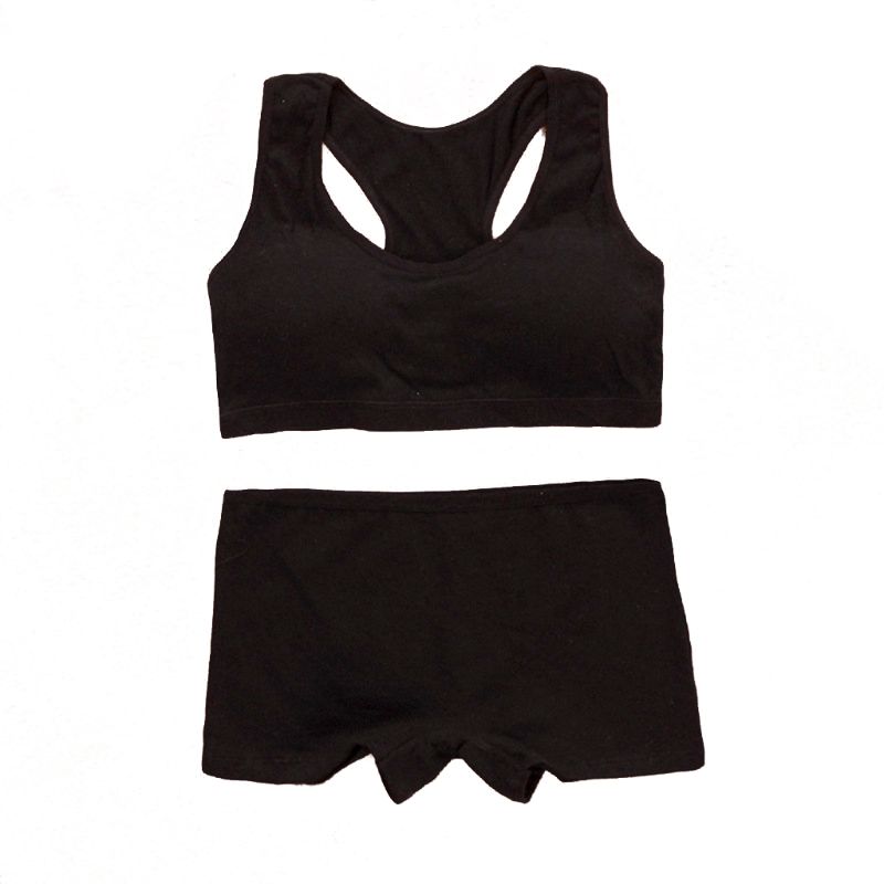 Teens Girls Sports Bra Set Puberty Underwear Cotton Training Bra with Briefs: BK