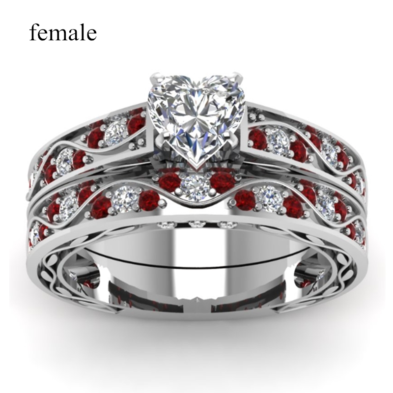 Anillos de pareja a la para mujer, conjunto de anillos CZ de cristal blanco con corazón, incrustaciones de madera roja, anillo de acero inoxidable para hombre, anillo de boda, de joyería