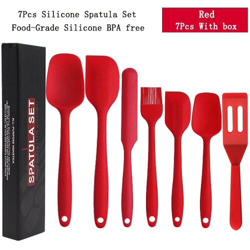 Juego de espátulas de silicona, utensilios de cocina, cuchara raspadora, cepillo, herramienta para hornear y cocinar, 6 uds.: 7pcs-Set-Red-A