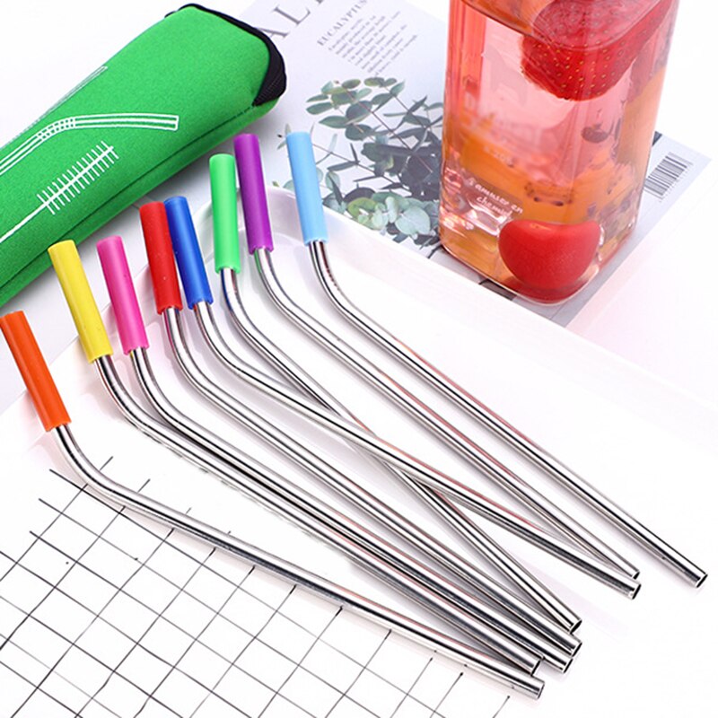 1 set Reusable Stainless Steel Straws Straight Bent Drinking Straws with Silicone Tips Cold Beverage Metal Drinking Straw