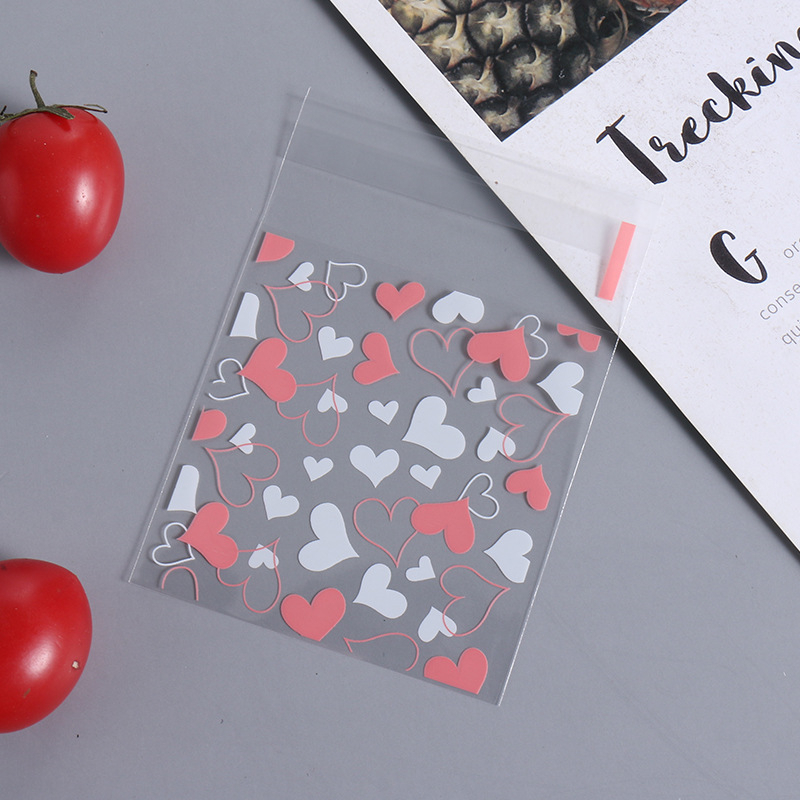100 sztuk przezroczysty samoprzylepne małe OPP plastikowe etui torba na biżuterię bransoletka pakowanie prezentów Cookie opakowanie cukierków przechowywania: 7x7cm / White Pink Heart