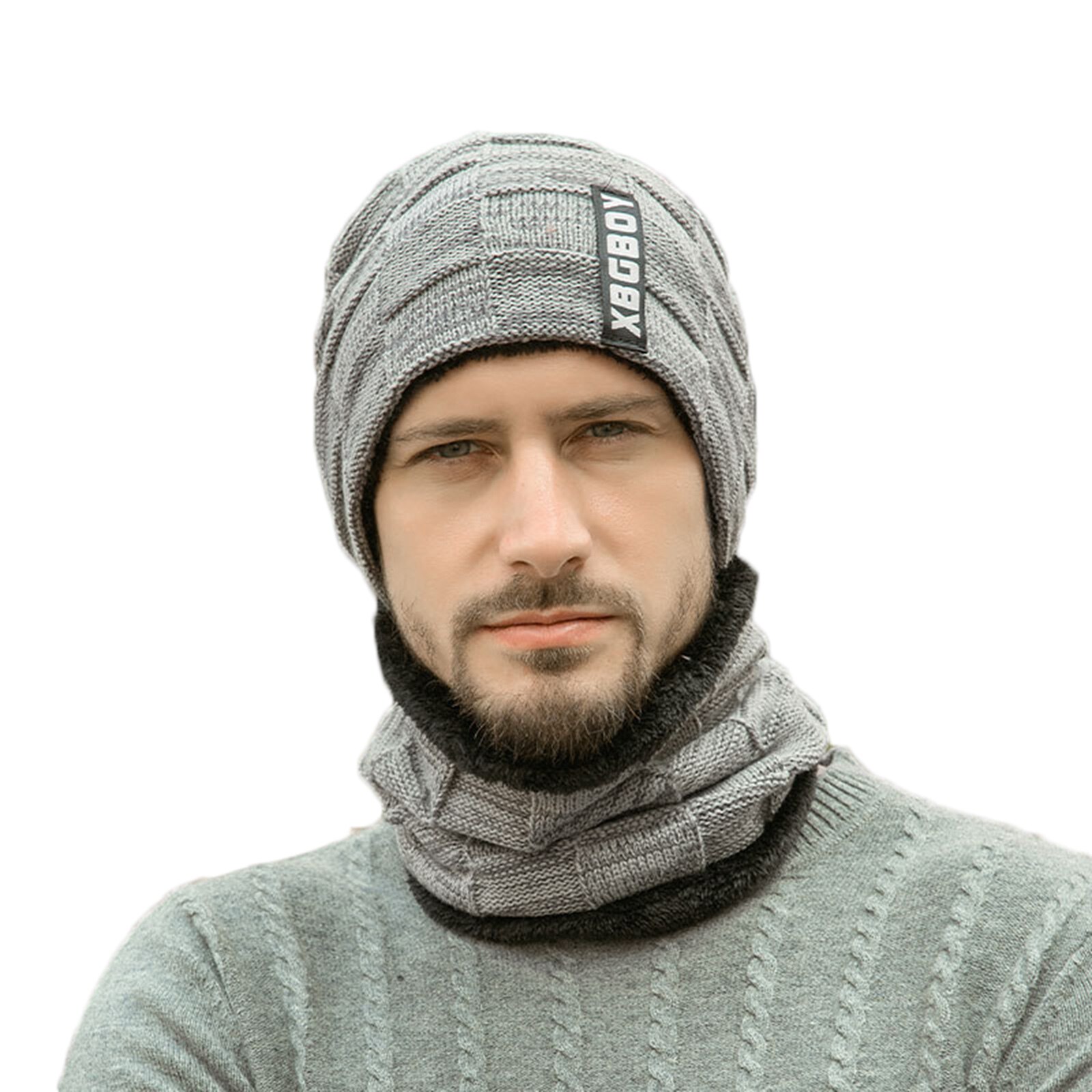 Winter Beanie Hat Scarf Set Thick Fleece Lined Warm Knit Ski Hats for Men Boy &T8: Gray