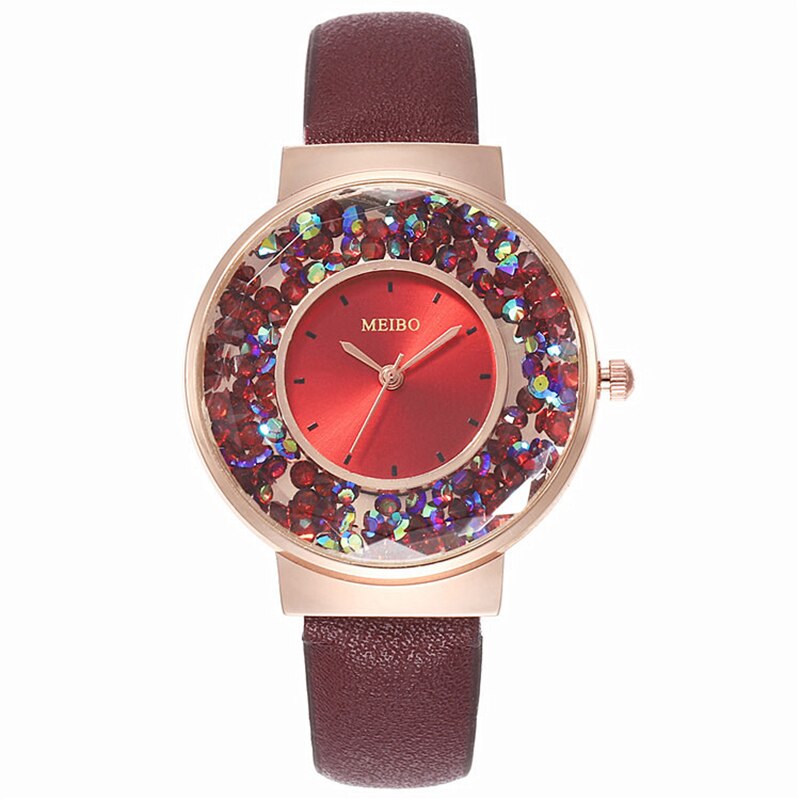 Vrouwen Horloges Luxe Rhinestone Blauw Rood Quartz Horloge Mode Dames Horloge Lederen Armband Horloges