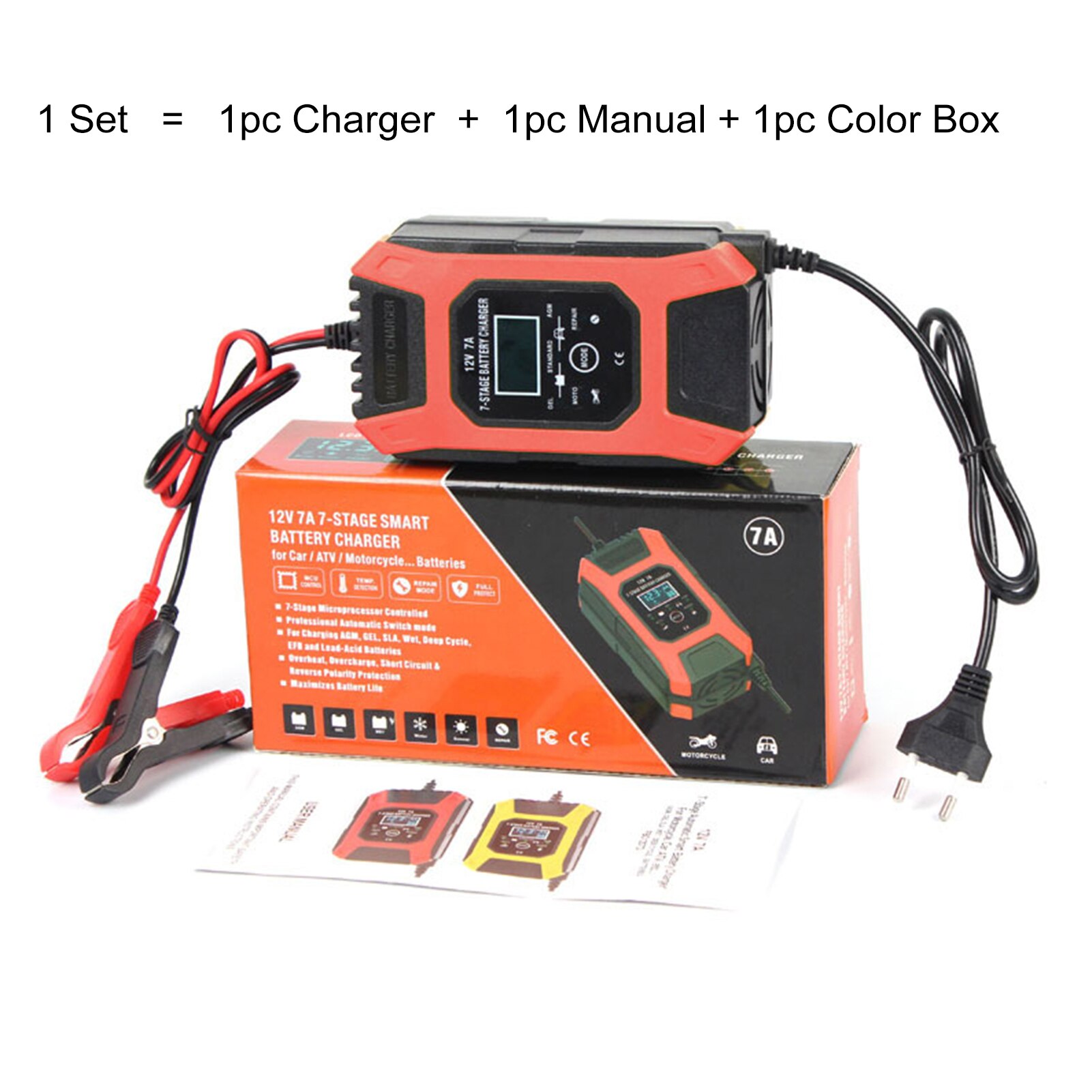 Motorcycle Car Battery Charger 12V 7A Pulse Repair LCD Battery Charger For Lead Acid Battery Agm Gel Wet Battery Charger