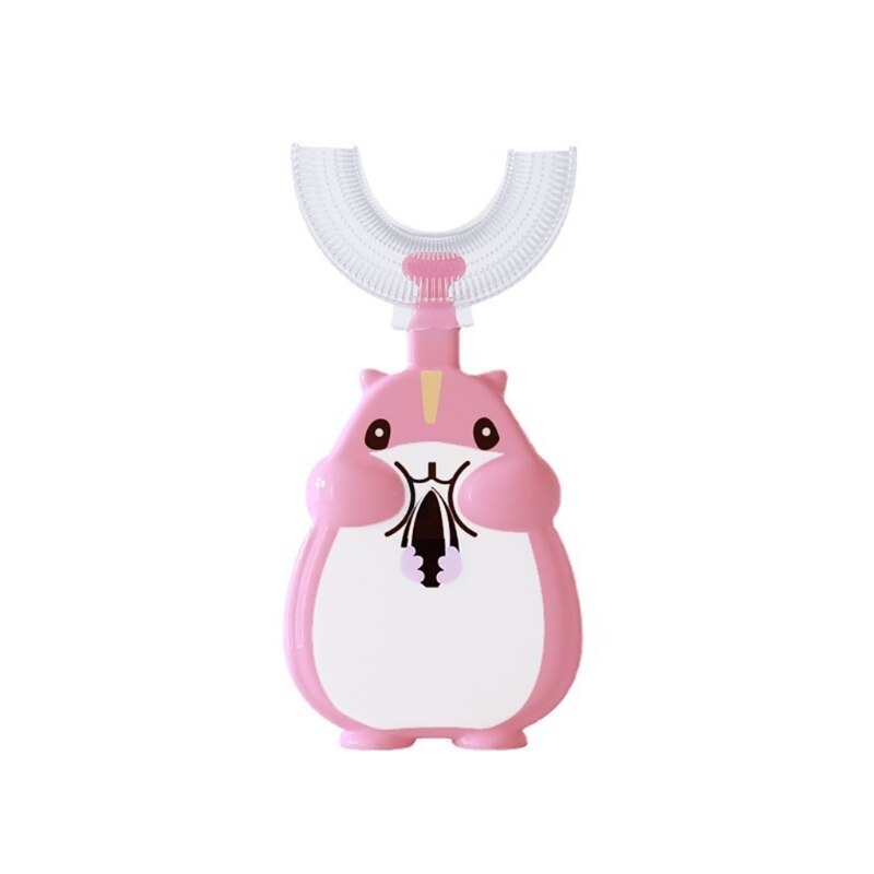 R9JD Cartoon Eekhoorn Baby Kinderen Manual Tandenborstel 360 Graden U-Vormige Tandenborstel: Pink-S