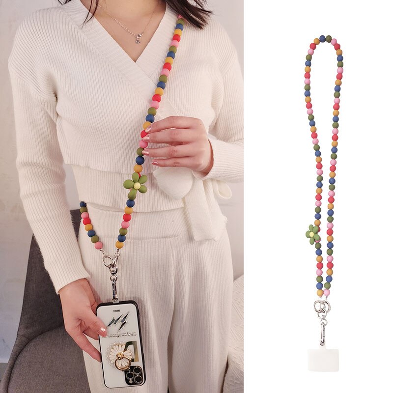 Crossbody Beaded Flower Beaded Lanyard Trendy Mobile Phone Case Clip Universal Chain For Girls Cellphone Strap Anti-Lost Lanyard