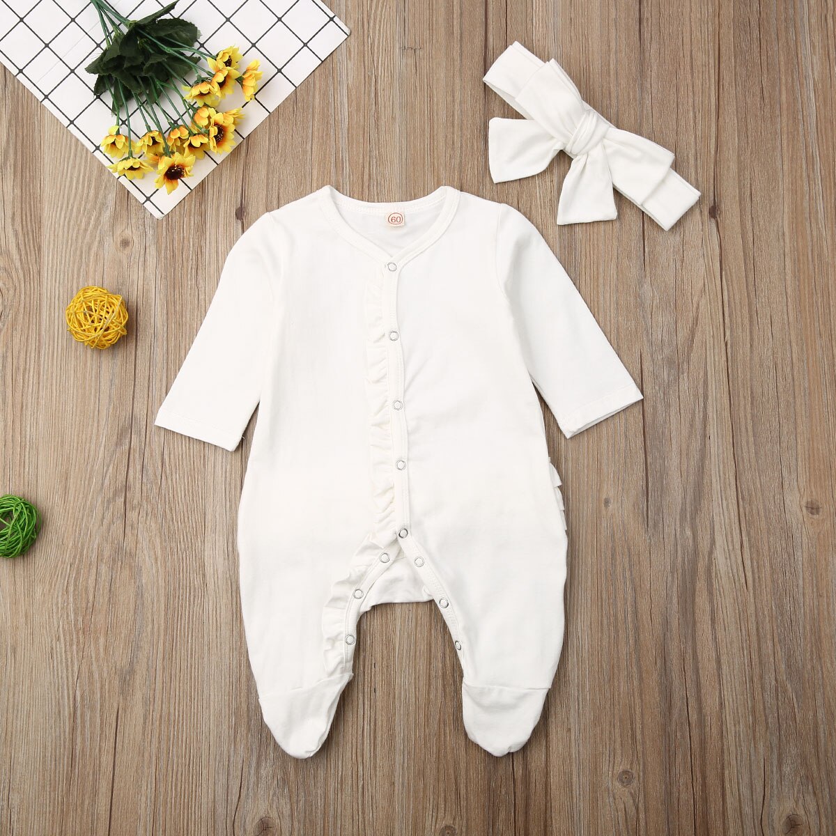 0-12m nyfødte baby dreng pige langærmet flæser ensfarvet bomuld fodfod pandebånd 2 stk nattøj baby tøj