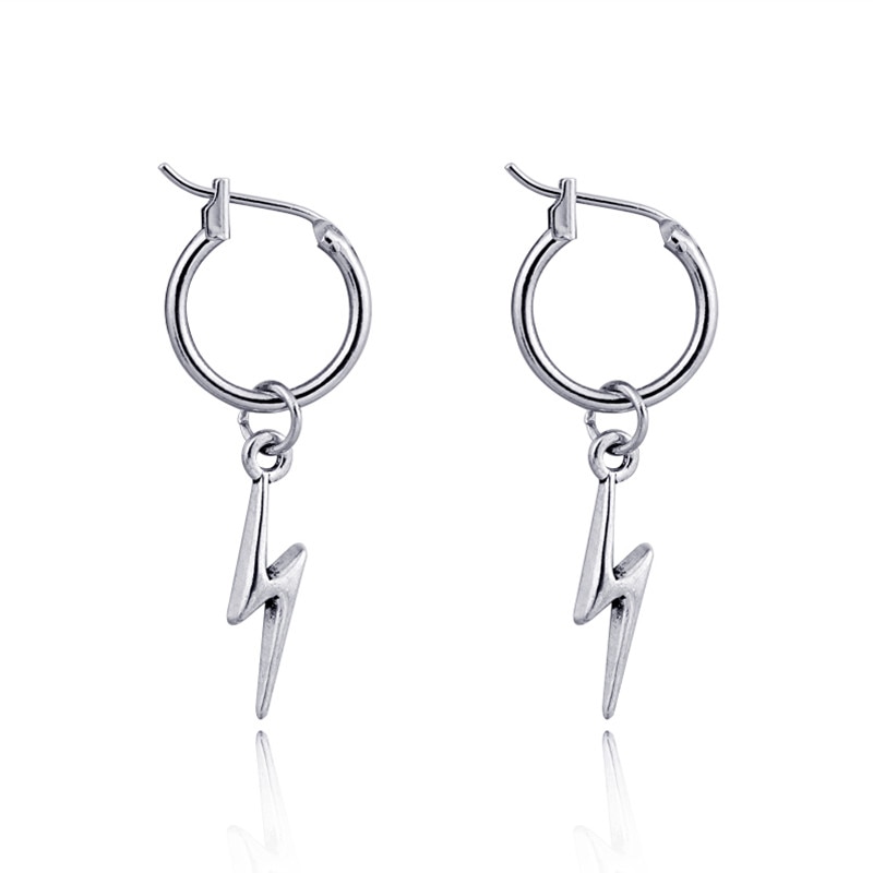 1 paar Korea Persoonlijkheid Lightning Hanger Oorringen Punk Zilveren Kleur Cirkel Earring Voor Vrouwen Mannen Mode-sieraden E838-2