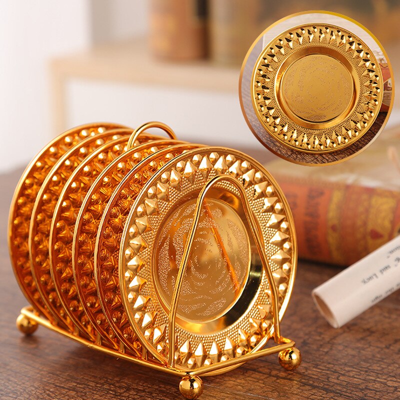 6pc Classical Golden Cocktail Metal Coaster Continental Vintage Zinc Alloy Plated Gold Plated Mat placemat diameter 10.5cm: Rhombus gold