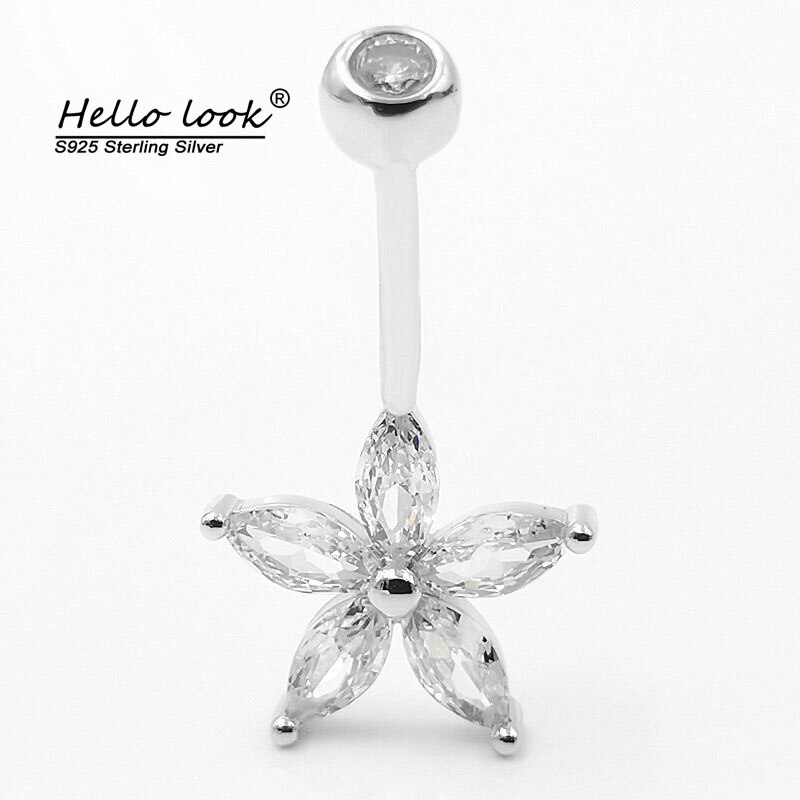 Hellolook 925 prata esterlina barriga piercing botão barra anel branco rosa roxo flor cúbico zircão umbigo piercing jóias