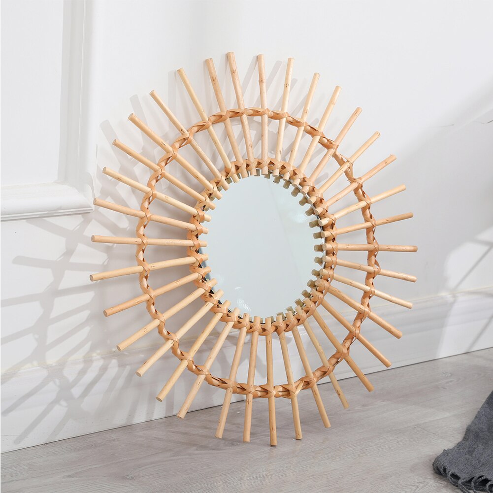 Wall Hanging Compact Space Saving Portable Home Art Deco Bathroom Interior Living Room Rattan Dressing Clear Round Mirror: B