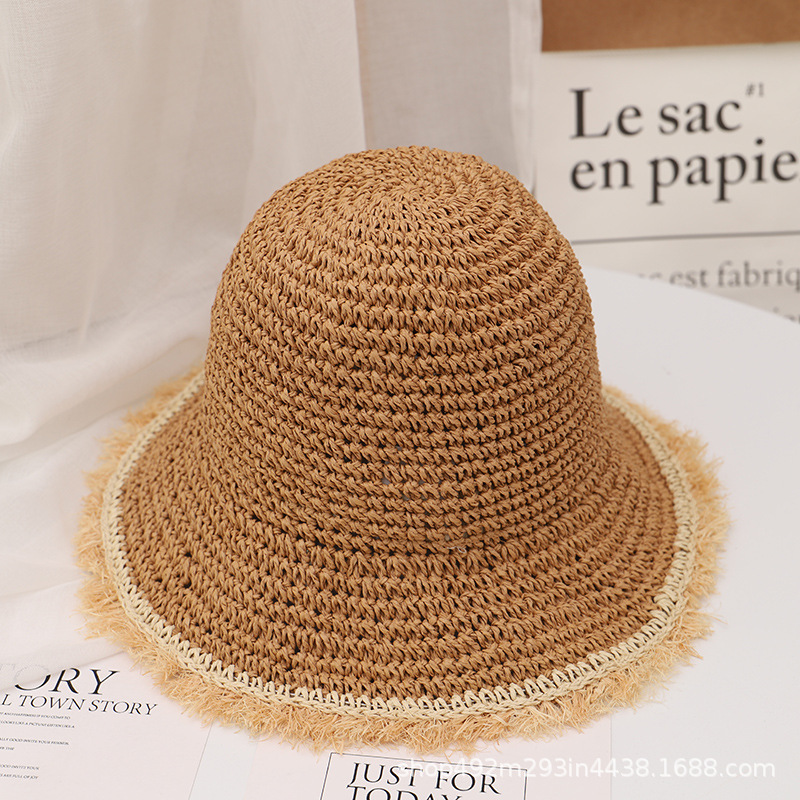 Chapéu de palha de crochê para mulheres verão artesanal oco panamá ráfia papel borla borda praia chapéus uv proteger dobrável viseira de sol: Cáqui